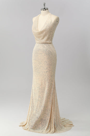 Sparkly Apricot Mermaid Sequin Halter Cowl Neck Backless Long Prom Dress