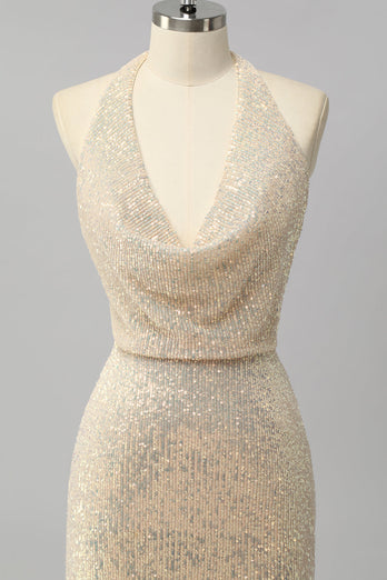 Sparkly Apricot Mermaid Sequin Halter Cowl Neck Backless Long Prom Dress