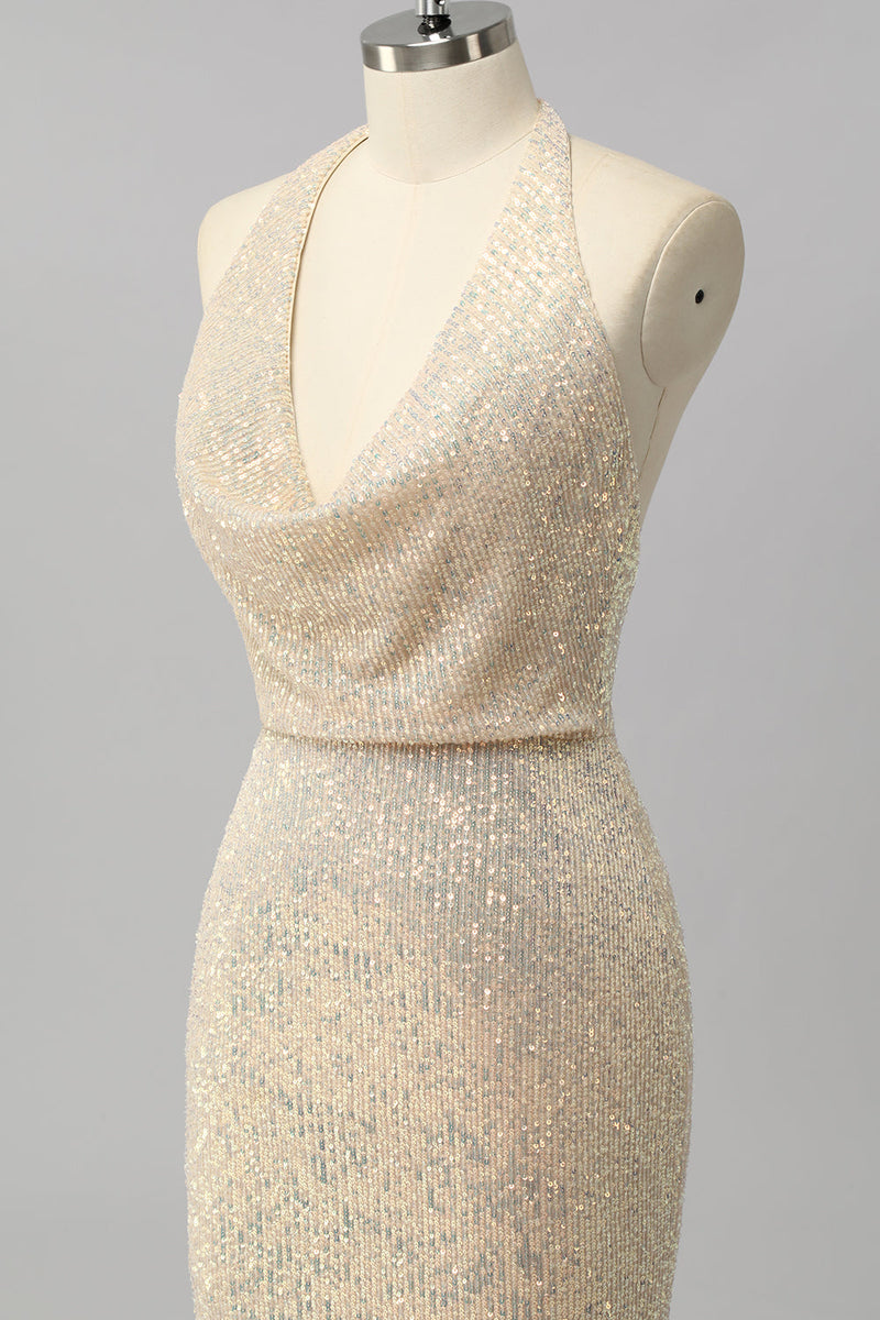 Load image into Gallery viewer, Sparkly Apricot Mermaid Sequin Halter Cowl Neck Backless Long Prom Dress