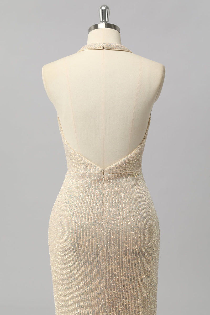 Load image into Gallery viewer, Sparkly Apricot Mermaid Sequin Halter Cowl Neck Backless Long Prom Dress