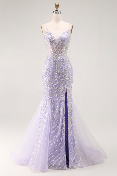 Sparkly Purple Mermaid Sequins Long Corset Prom Dress with Slit