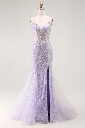 Sparkly Purple Mermaid Sequins Long Corset Prom Dress with Slit