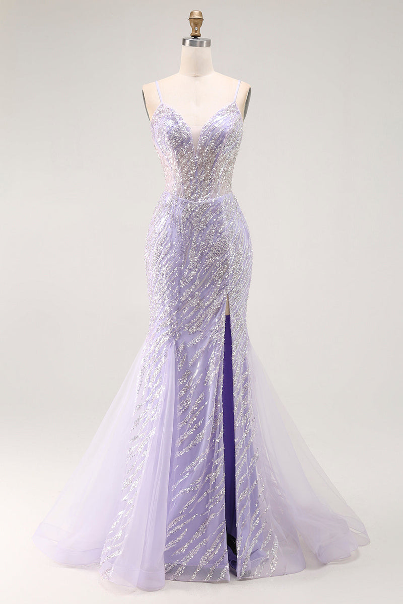 Load image into Gallery viewer, Sparkly Purple Mermaid Sequins Long Corset Prom Dress with Slit