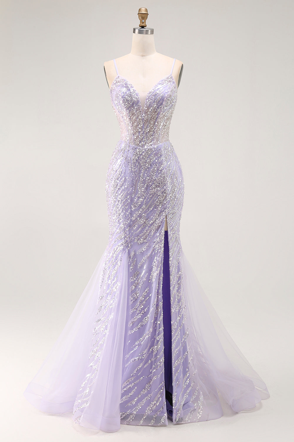 Sparkly Purple Mermaid Sequins Long Corset Prom Dress with Slit