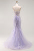 Load image into Gallery viewer, Sparkly Purple Mermaid Sequins Long Corset Prom Dress with Slit