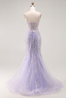 Sparkly Purple Mermaid Sequins Long Corset Prom Dress with Slit