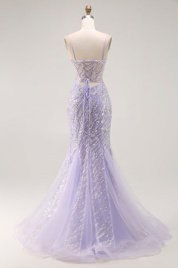 Sparkly Purple Mermaid Sequins Long Corset Prom Dress with Slit