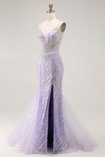 Sparkly Purple Mermaid Sequins Long Corset Prom Dress with Slit