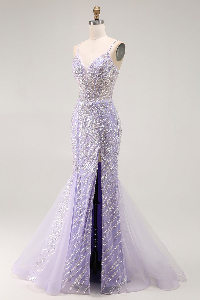 Load image into Gallery viewer, Sparkly Purple Mermaid Sequins Long Corset Prom Dress with Slit
