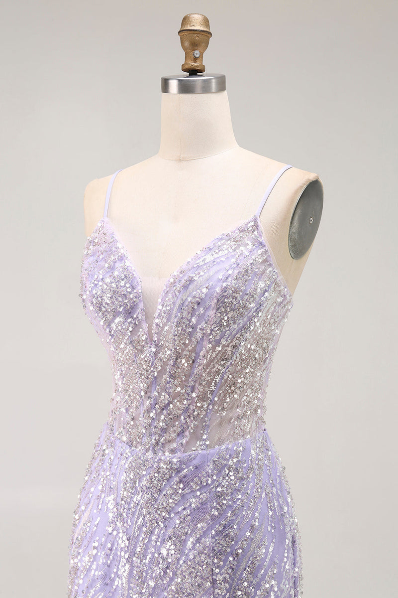 Load image into Gallery viewer, Sparkly Purple Mermaid Sequins Long Corset Prom Dress with Slit