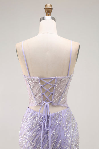 Sparkly Purple Mermaid Sequins Long Corset Prom Dress with Slit