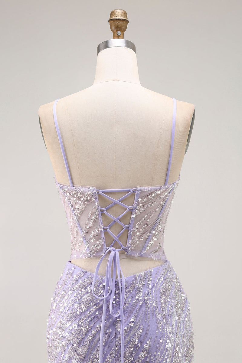 Load image into Gallery viewer, Sparkly Purple Mermaid Sequins Long Corset Prom Dress with Slit