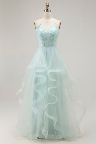 Sparkly Light Green Ruffled A Line Tulle Long Prom Dress with Beading