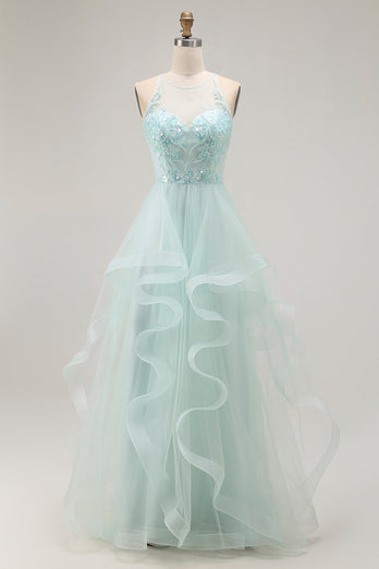 Sparkly Light Green Ruffled A Line Tulle Long Prom Dress with Beading
