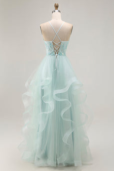 Sparkly Light Green Ruffled A Line Tulle Long Prom Dress with Beading