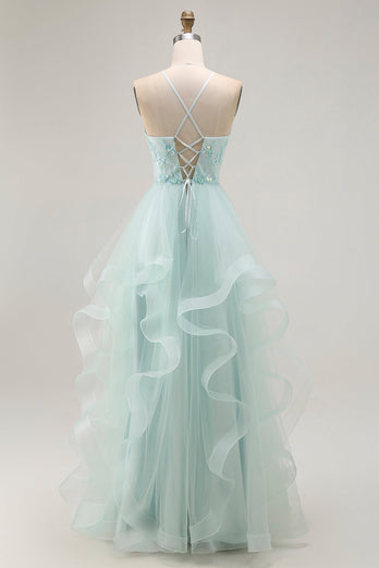 Sparkly Light Green Ruffled A Line Tulle Long Prom Dress with Beading