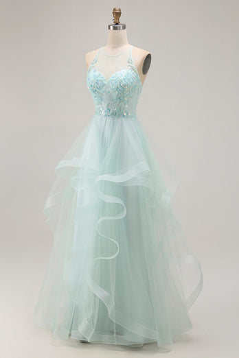 Sparkly Light Green Ruffled A Line Tulle Long Prom Dress with Beading