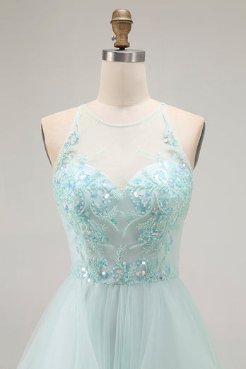 Sparkly Light Green Ruffled A Line Tulle Long Prom Dress with Beading