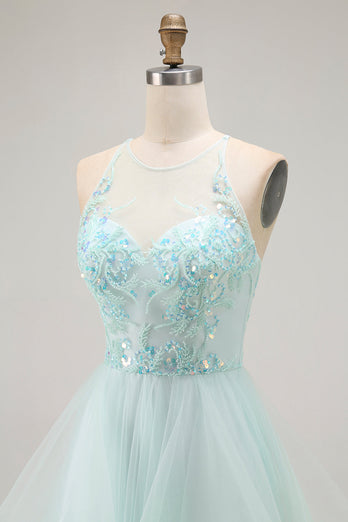 Sparkly Light Green Ruffled A Line Tulle Long Prom Dress with Beading