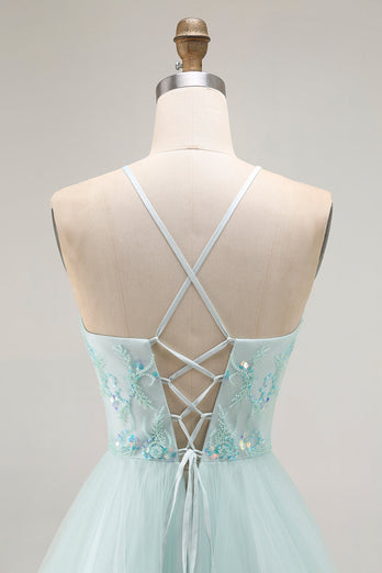 Sparkly Light Green Ruffled A Line Tulle Long Prom Dress with Beading