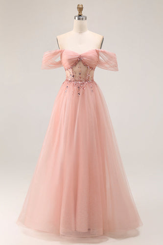 Sparkly Blush A Line Tulle Off the Shoulder Long Prom Dress with Sequins