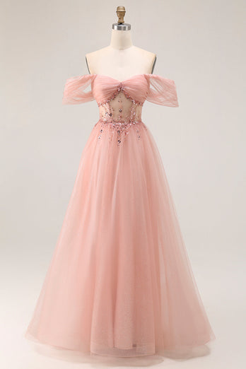 Sparkly Blush A Line Tulle Off the Shoulder Long Prom Dress with Sequins