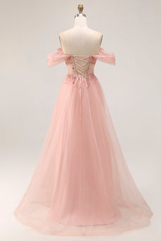 Sparkly Blush A Line Tulle Off the Shoulder Long Prom Dress with Sequins