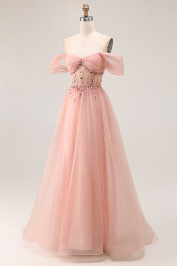 Sparkly Blush A Line Tulle Off the Shoulder Long Prom Dress with Sequins