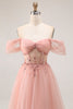 Load image into Gallery viewer, Sparkly Blush A Line Tulle Off the Shoulder Long Prom Dress with Sequins