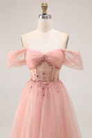 Load image into Gallery viewer, Sparkly Blush A Line Tulle Off the Shoulder Long Prom Dress with Sequins
