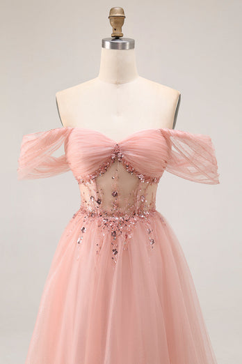 Sparkly Blush A Line Tulle Off the Shoulder Long Prom Dress with Sequins