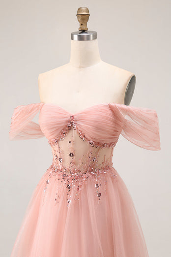 Sparkly Blush A Line Tulle Off the Shoulder Long Prom Dress with Sequins