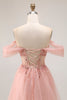 Load image into Gallery viewer, Sparkly Blush A Line Tulle Off the Shoulder Long Prom Dress with Sequins