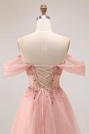 Sparkly Blush A Line Tulle Off the Shoulder Long Prom Dress with Sequins