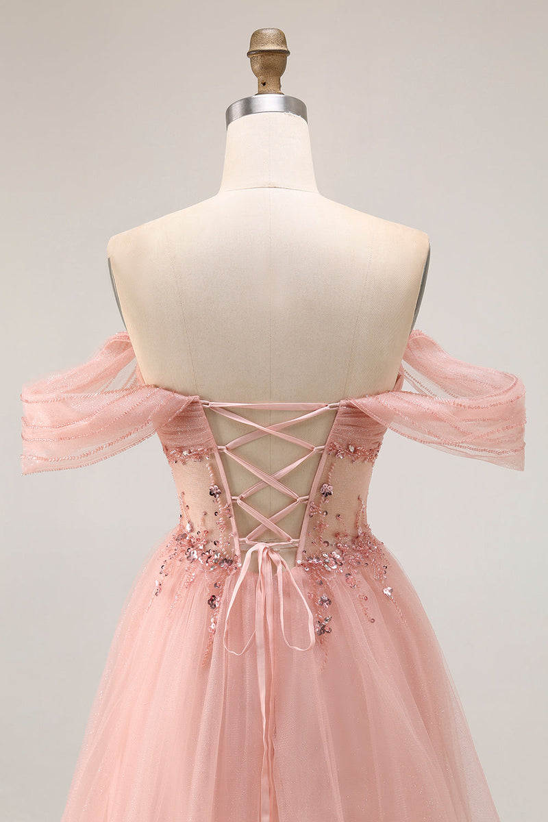 Load image into Gallery viewer, Sparkly Blush A Line Tulle Off the Shoulder Long Prom Dress with Sequins