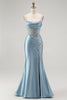 Load image into Gallery viewer, Sparkly Grey Blue Mermaid Appliqued Long Corset Prom Dress with Slit