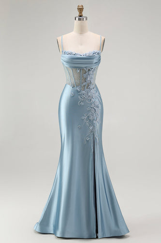 Sparkly Grey Blue Mermaid Appliqued Long Corset Prom Dress with Slit
