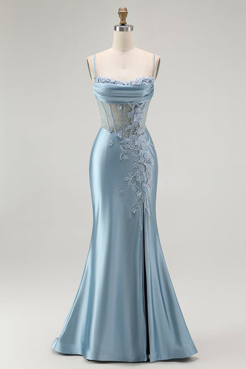 Sparkly Grey Blue Mermaid Appliqued Long Corset Prom Dress with Slit
