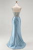 Load image into Gallery viewer, Sparkly Grey Blue Mermaid Appliqued Long Corset Prom Dress with Slit