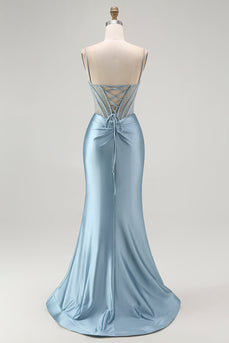 Sparkly Grey Blue Mermaid Appliqued Long Corset Prom Dress with Slit