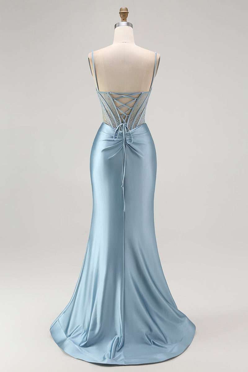 Load image into Gallery viewer, Sparkly Grey Blue Mermaid Appliqued Long Corset Prom Dress with Slit