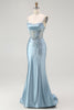 Load image into Gallery viewer, Sparkly Grey Blue Mermaid Appliqued Long Corset Prom Dress with Slit