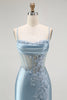 Load image into Gallery viewer, Sparkly Grey Blue Mermaid Appliqued Long Corset Prom Dress with Slit