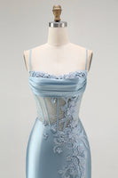 Load image into Gallery viewer, Sparkly Grey Blue Mermaid Appliqued Long Corset Prom Dress with Slit