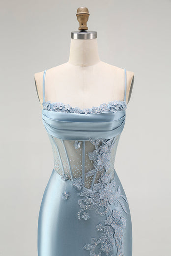 Sparkly Grey Blue Mermaid Appliqued Long Corset Prom Dress with Slit
