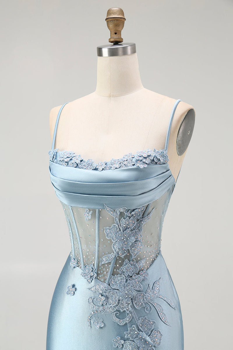 Load image into Gallery viewer, Sparkly Grey Blue Mermaid Appliqued Long Corset Prom Dress with Slit