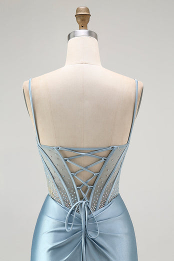 Sparkly Grey Blue Mermaid Appliqued Long Corset Prom Dress with Slit