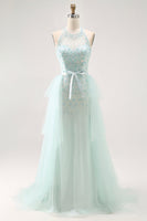 Load image into Gallery viewer, Sparkly Light Green Detachable Train Halter Long Prom Dress with Beading