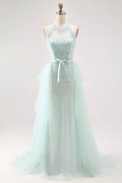 Sparkly Light Green Detachable Train Halter Long Prom Dress with Beading