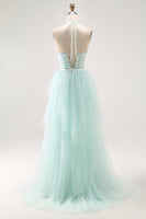 Load image into Gallery viewer, Sparkly Light Green Detachable Train Halter Long Prom Dress with Beading